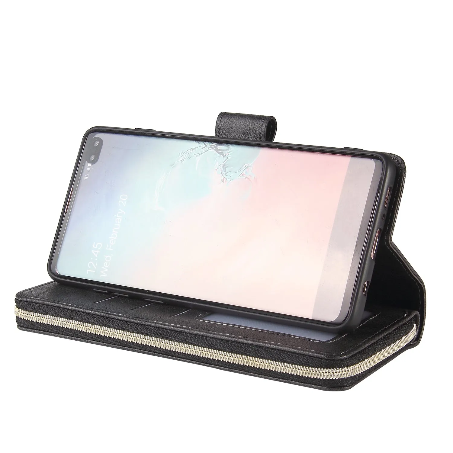 For Samsung S10/S20/S10E/ S10 Plus Pu Leather  Mobile Phone Cover Zipper Card Bag   Wrist Strap black