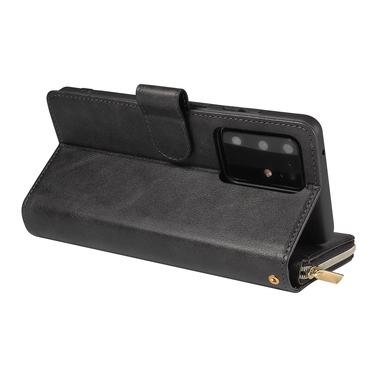 For Samsung S10/S20/S10E/ S10 Plus Pu Leather  Mobile Phone Cover Zipper Card Bag   Wrist Strap black