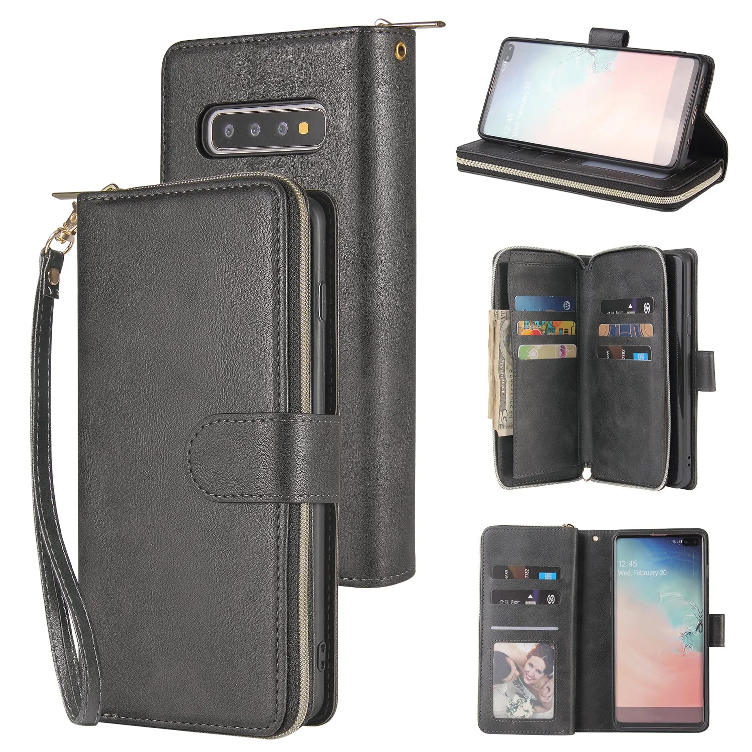 For Samsung S10/S20/S10E/ S10 Plus Pu Leather  Mobile Phone Cover Zipper Card Bag   Wrist Strap black