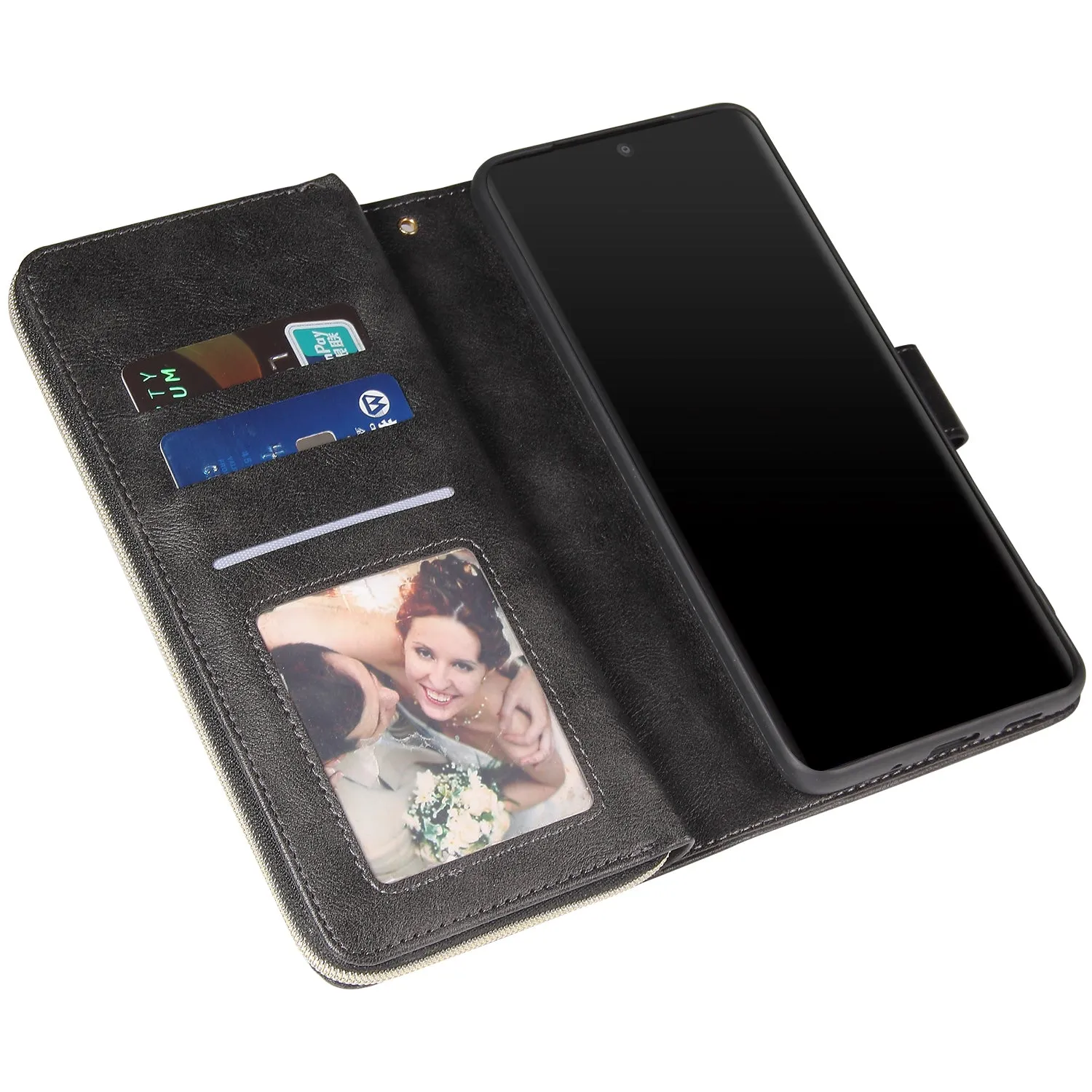 For Samsung S10/S20/S10E/ S10 Plus Pu Leather  Mobile Phone Cover Zipper Card Bag   Wrist Strap black