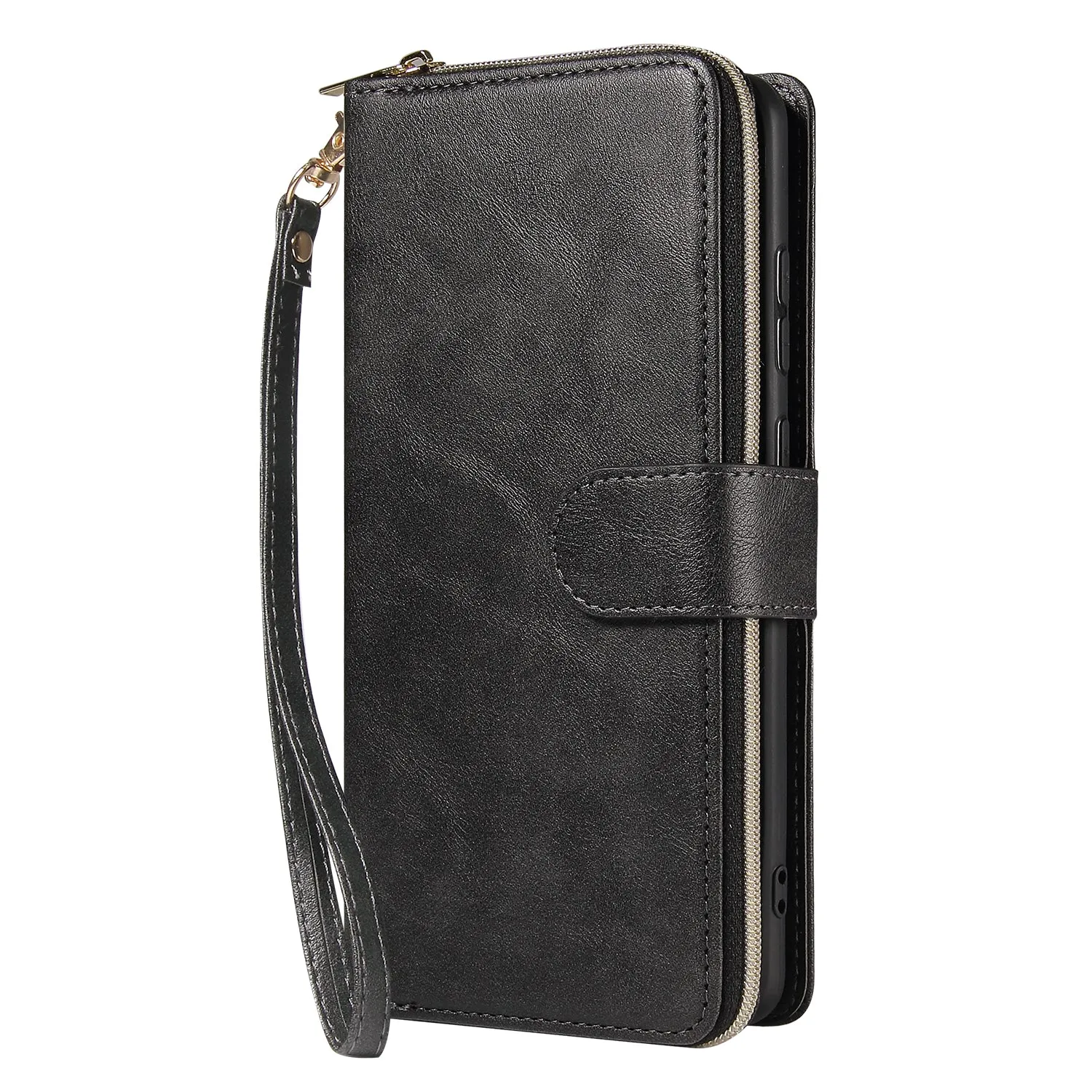 For Samsung S10/S20/S10E/ S10 Plus Pu Leather  Mobile Phone Cover Zipper Card Bag   Wrist Strap black