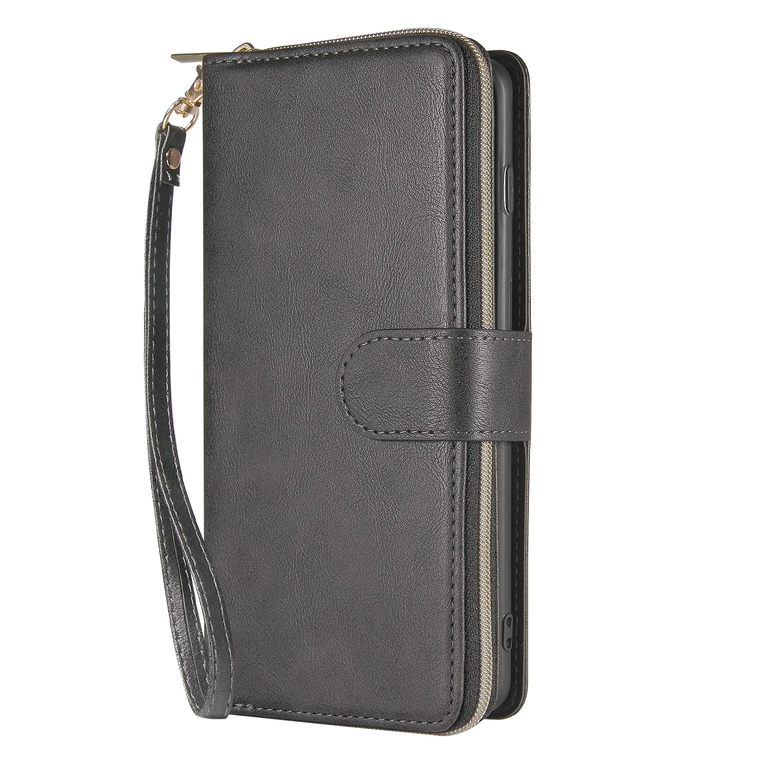 For Samsung S10/S20/S10E/ S10 Plus Pu Leather  Mobile Phone Cover Zipper Card Bag   Wrist Strap black