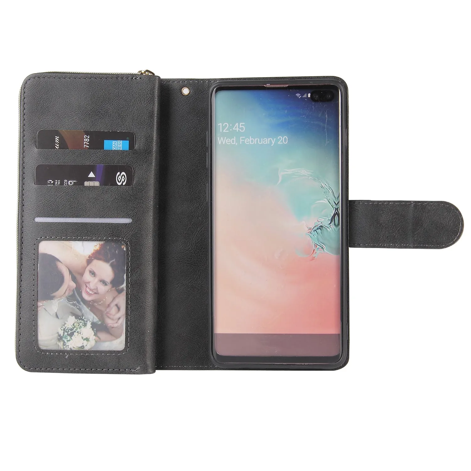 For Samsung S10/S20/S10E/ S10 Plus Pu Leather  Mobile Phone Cover Zipper Card Bag   Wrist Strap black