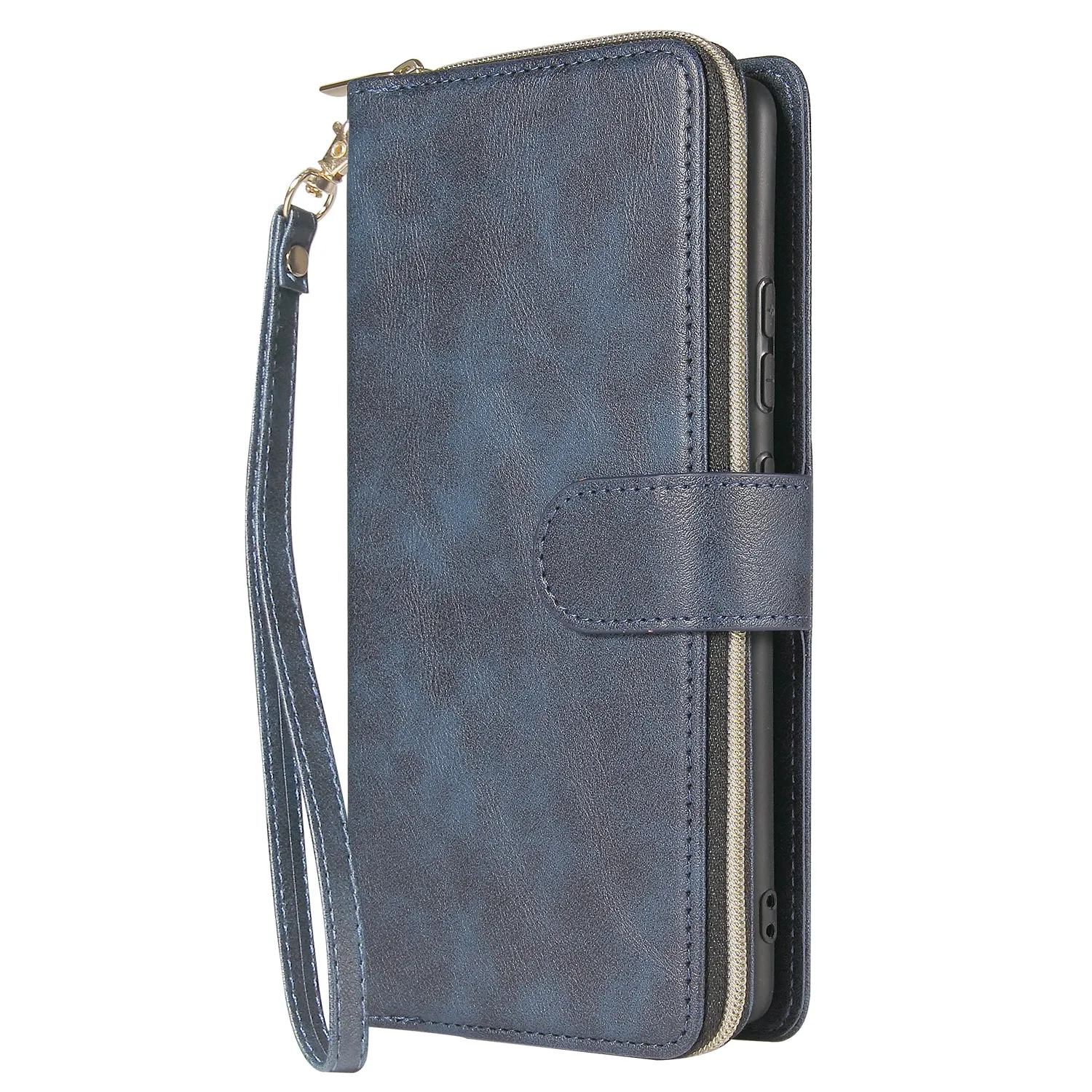 For Samsung S10/S20/S10E/ S10 Plus Pu Leather  Mobile Phone Cover Zipper Card Bag   Wrist Strap blue