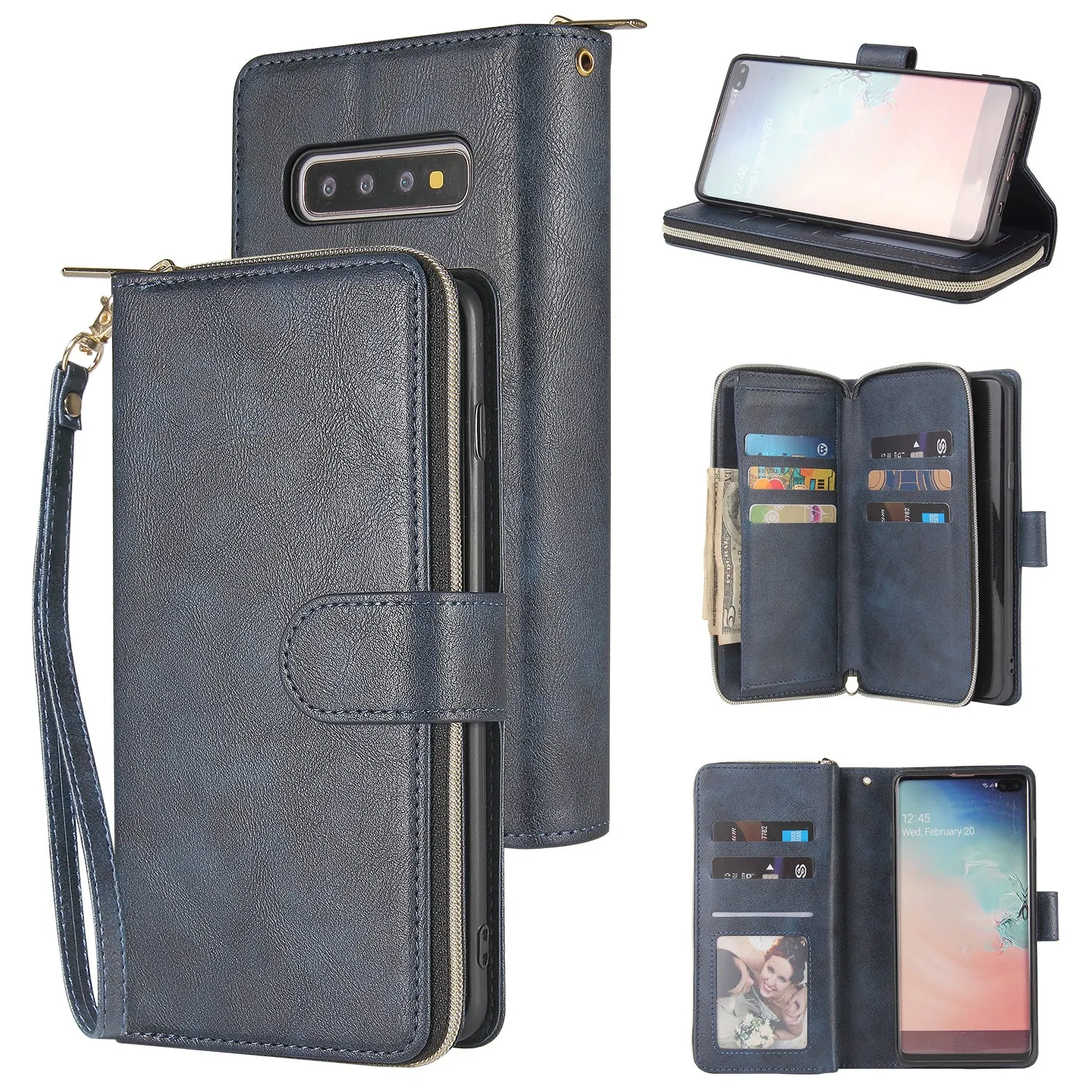 For Samsung S10/S20/S10E/ S10 Plus Pu Leather  Mobile Phone Cover Zipper Card Bag   Wrist Strap blue