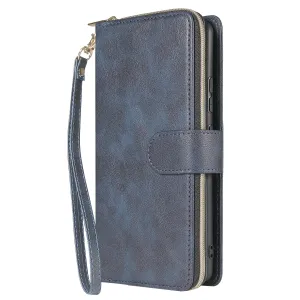 For Samsung S10/S20/S10E/ S10 Plus Pu Leather  Mobile Phone Cover Zipper Card Bag   Wrist Strap blue