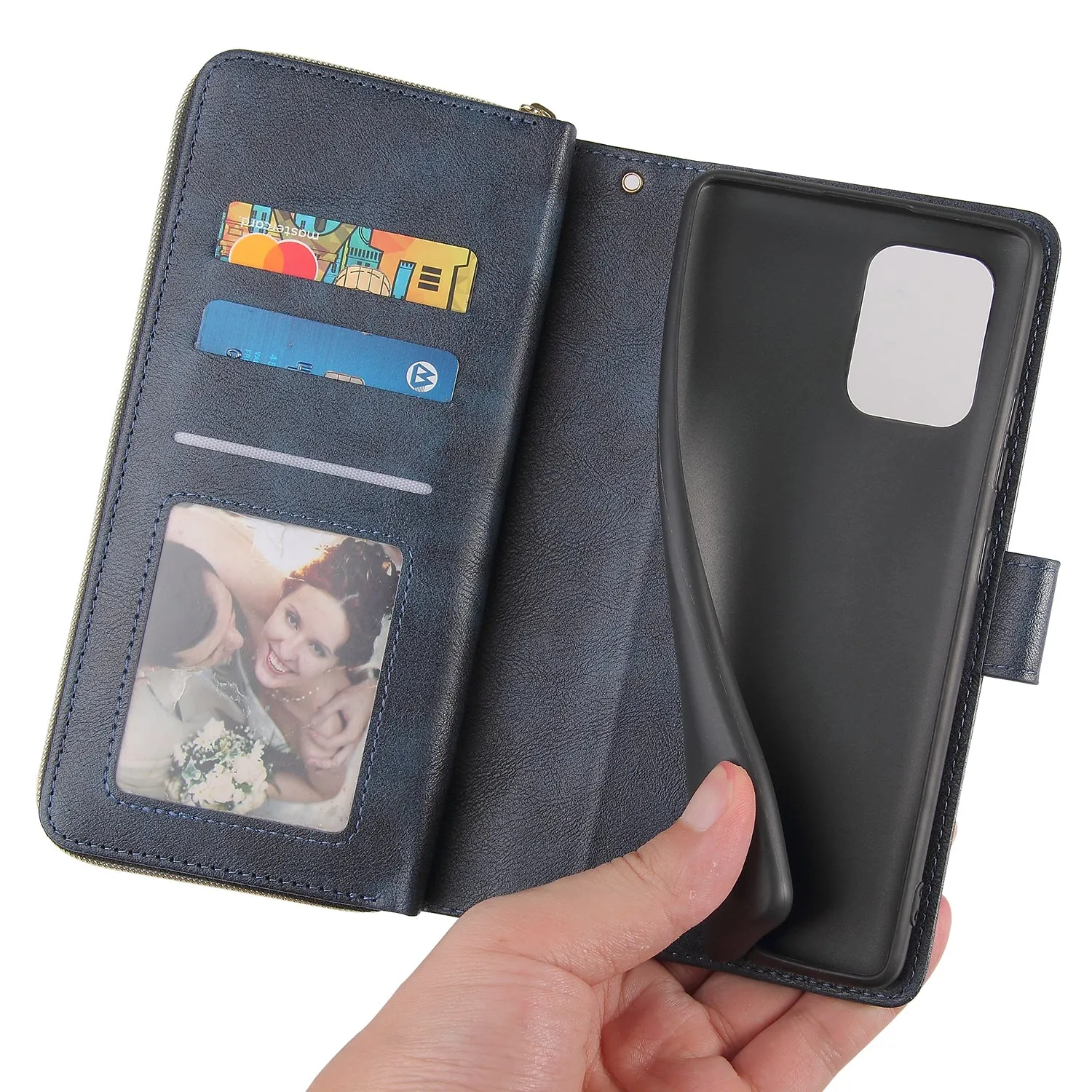 For Samsung S10/S20/S10E/ S10 Plus Pu Leather  Mobile Phone Cover Zipper Card Bag   Wrist Strap blue