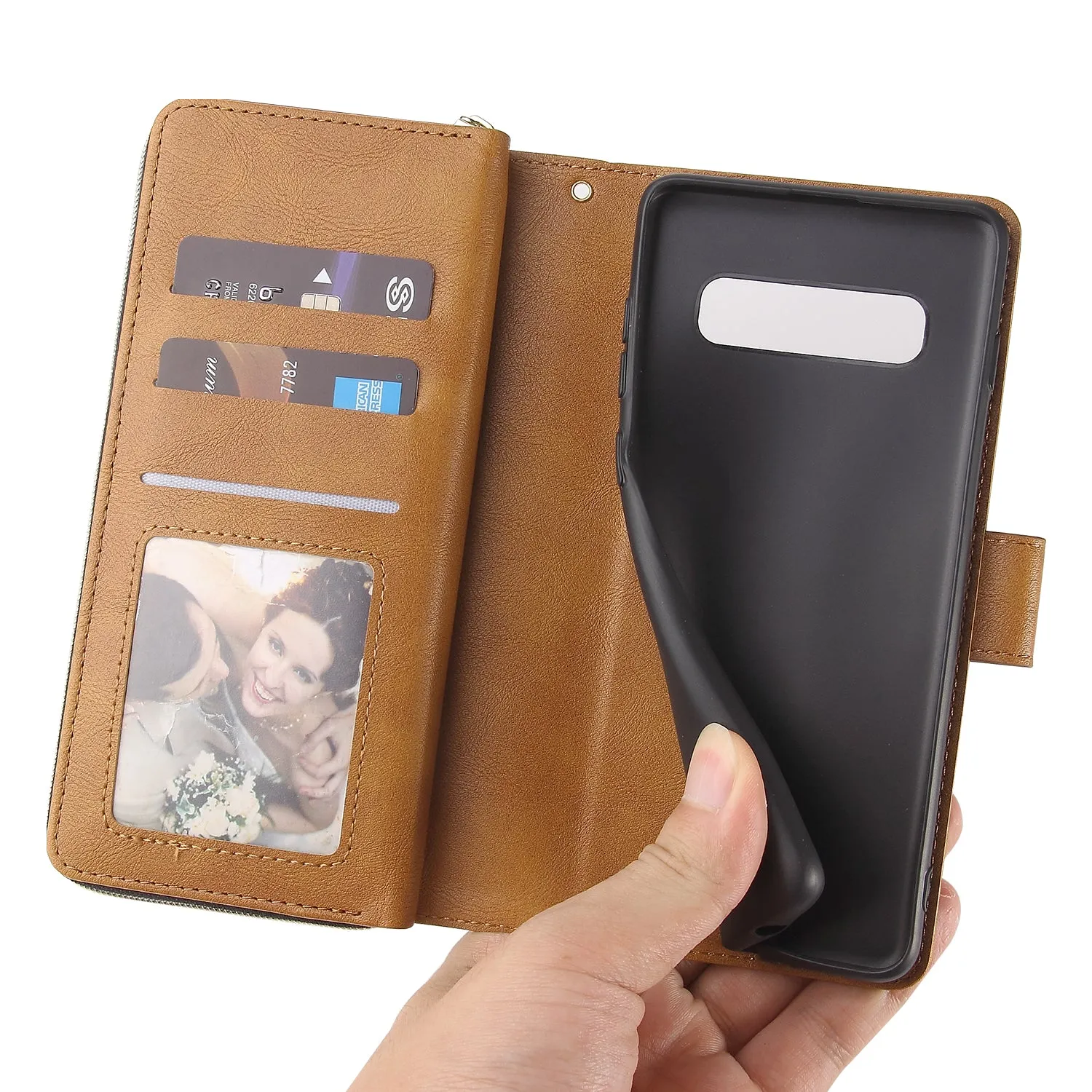 For Samsung S10/S20/S10E/ S10 Plus Pu Leather  Mobile Phone Cover Zipper Card Bag   Wrist Strap brown