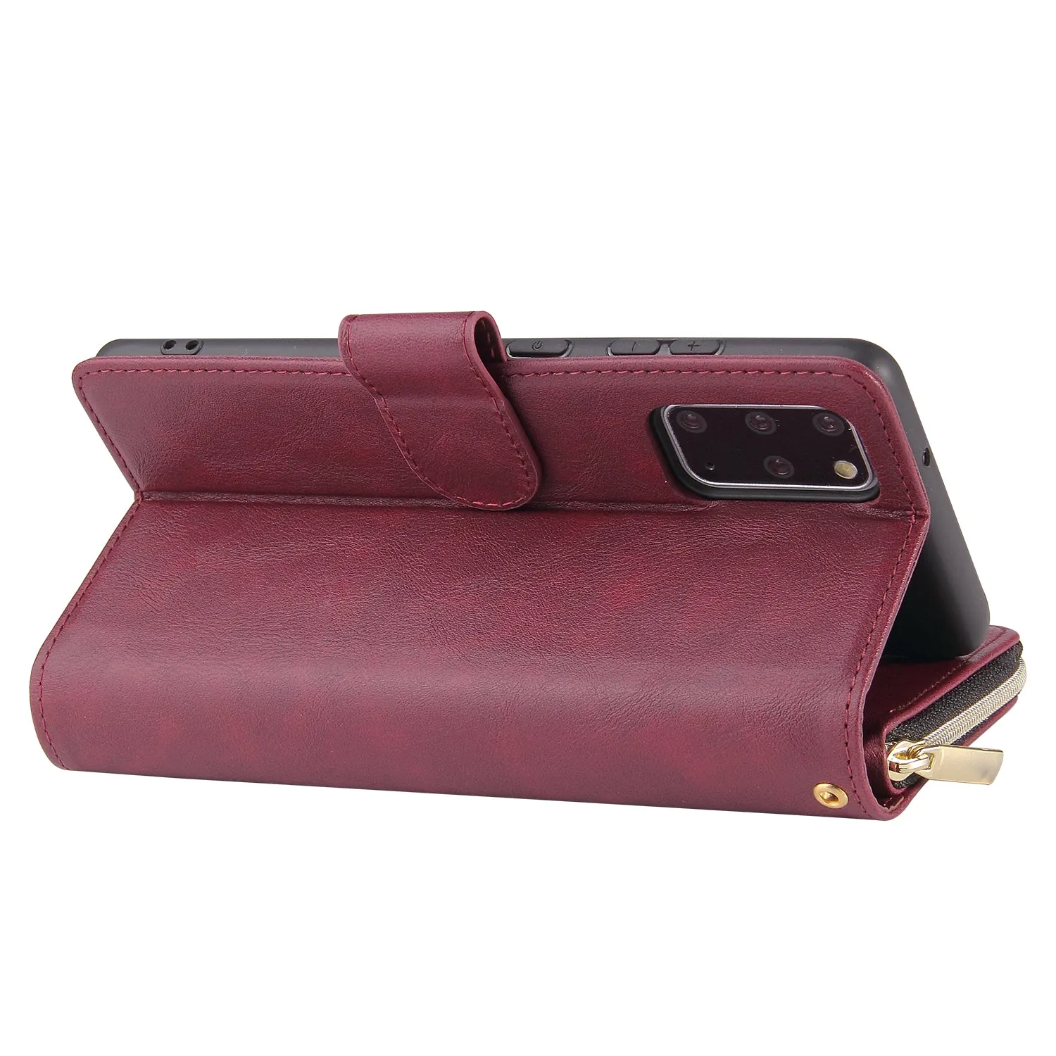 For Samsung S10/S20/S10E/ S10 Plus Pu Leather  Mobile Phone Cover Zipper Card Bag   Wrist Strap Red wine