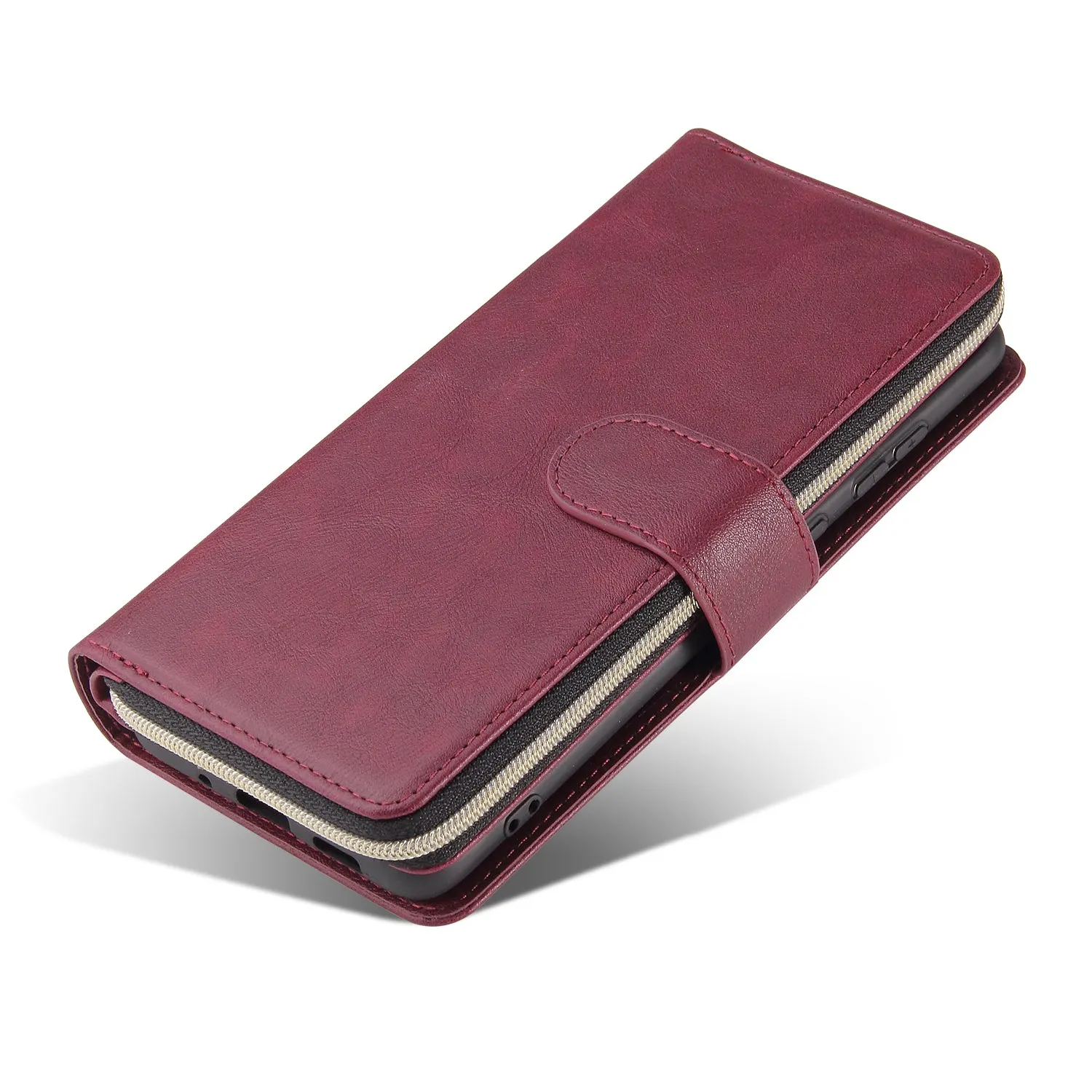 For Samsung S10/S20/S10E/ S10 Plus Pu Leather  Mobile Phone Cover Zipper Card Bag   Wrist Strap Red wine