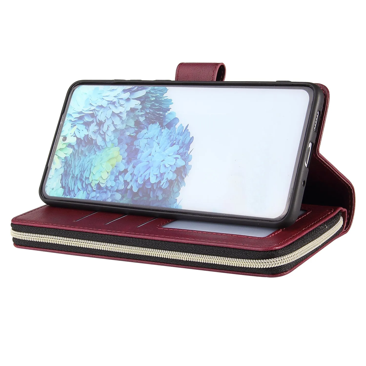 For Samsung S10/S20/S10E/ S10 Plus Pu Leather  Mobile Phone Cover Zipper Card Bag   Wrist Strap Red wine