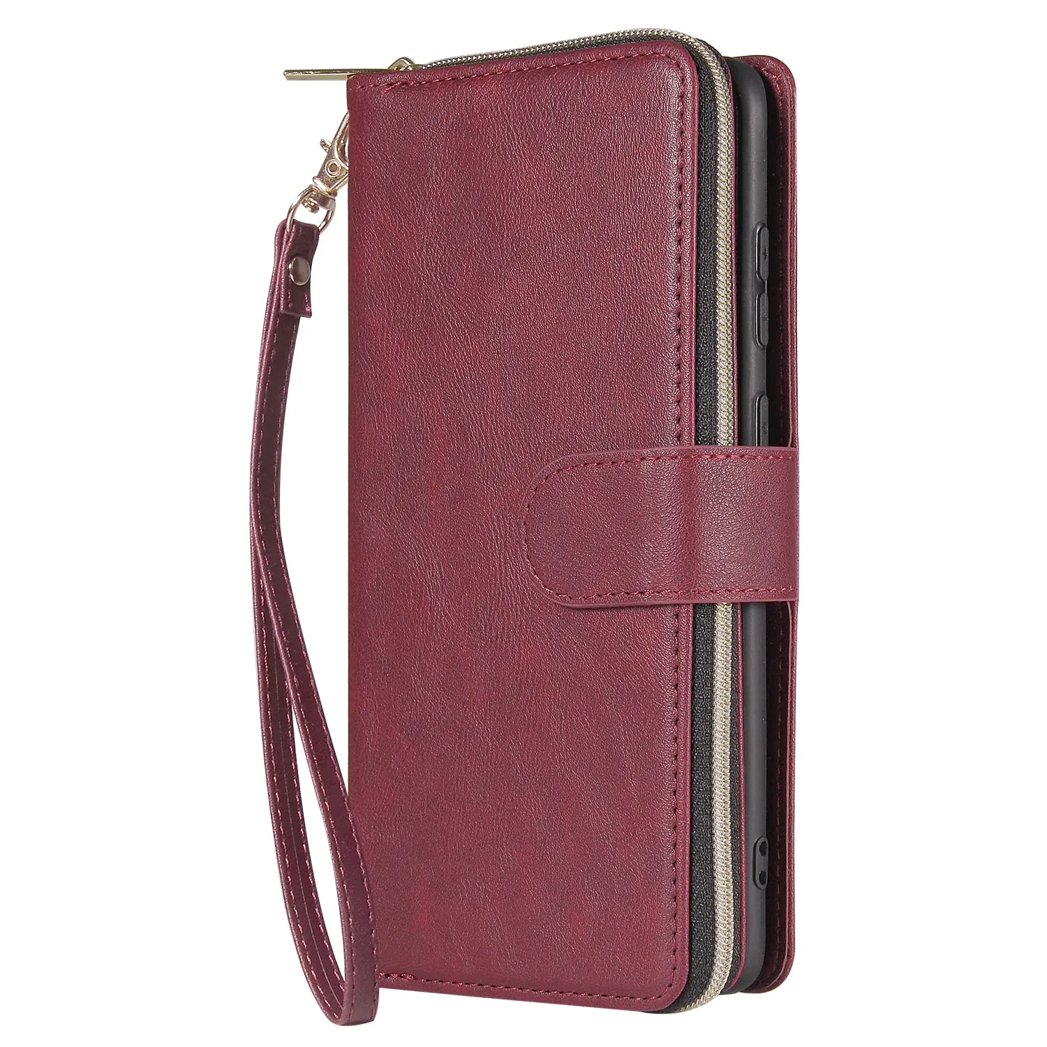 For Samsung S10/S20/S10E/ S10 Plus Pu Leather  Mobile Phone Cover Zipper Card Bag   Wrist Strap Red wine