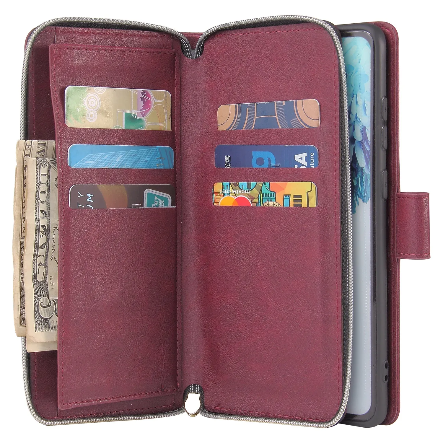 For Samsung S10/S20/S10E/ S10 Plus Pu Leather  Mobile Phone Cover Zipper Card Bag   Wrist Strap Red wine