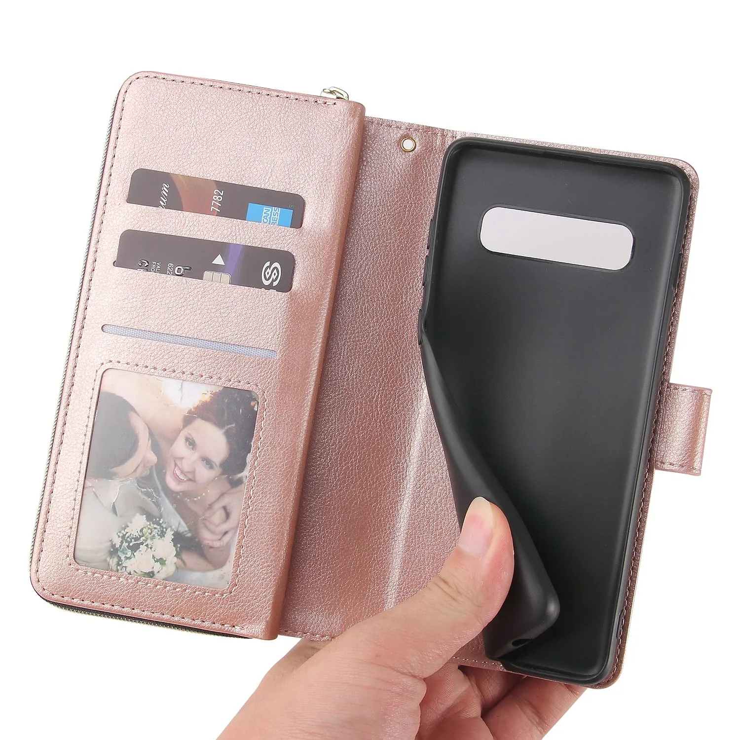 For Samsung S10/S20/S10E/ S10 Plus Pu Leather  Mobile Phone Cover Zipper Card Bag   Wrist Strap Rose gold