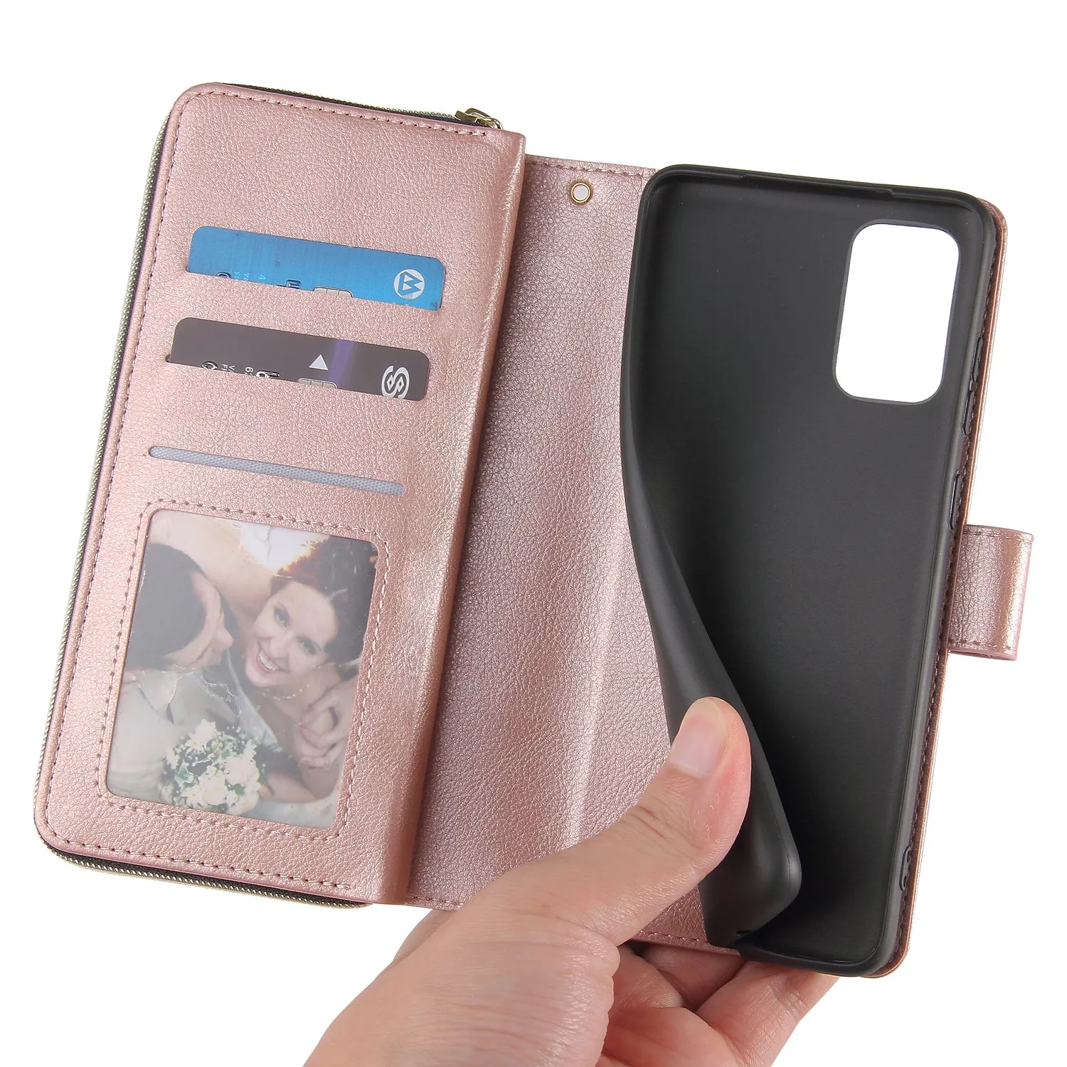 For Samsung S10/S20/S10E/ S10 Plus Pu Leather  Mobile Phone Cover Zipper Card Bag   Wrist Strap Rose gold