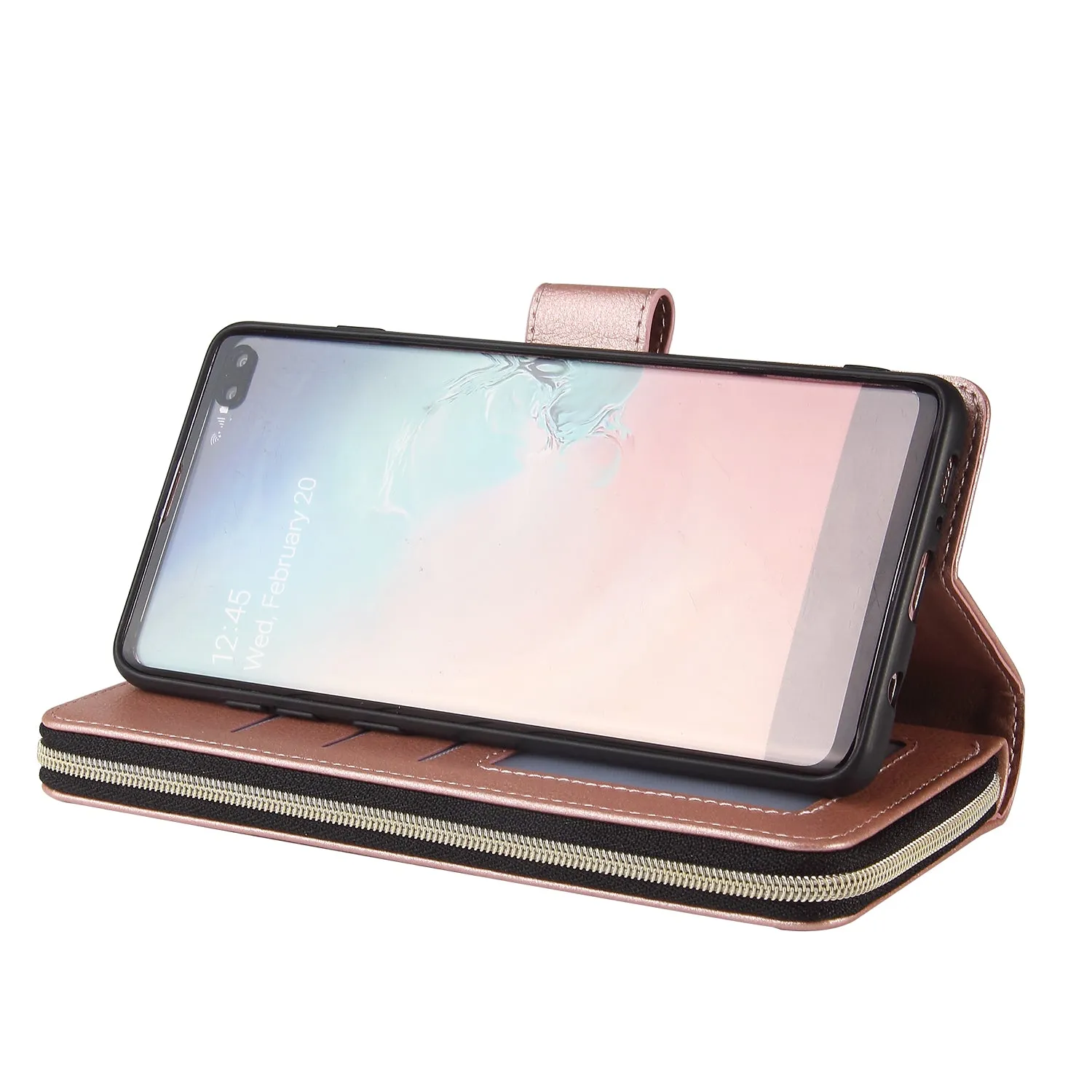 For Samsung S10/S20/S10E/ S10 Plus Pu Leather  Mobile Phone Cover Zipper Card Bag   Wrist Strap Rose gold