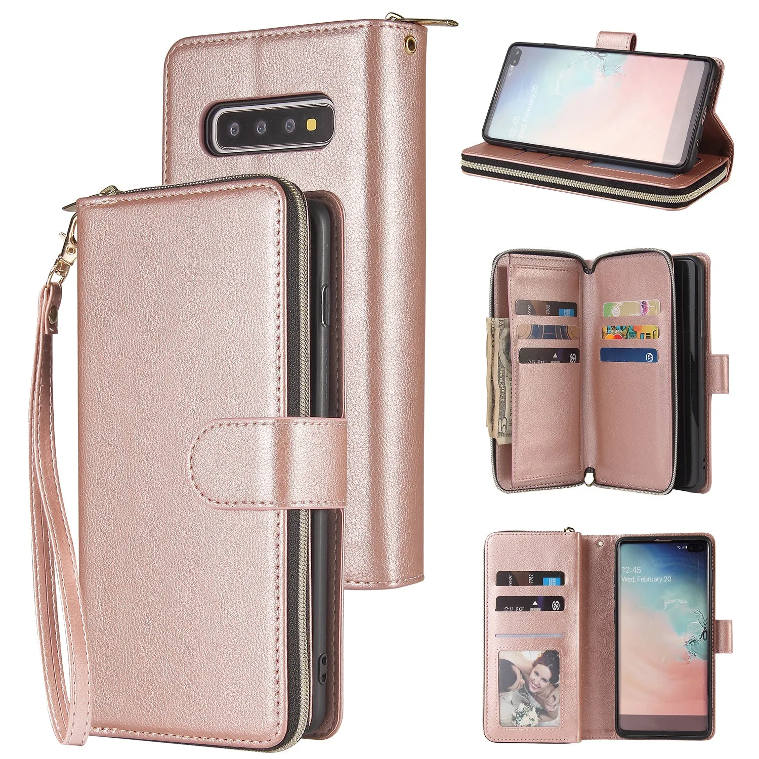 For Samsung S10/S20/S10E/ S10 Plus Pu Leather  Mobile Phone Cover Zipper Card Bag   Wrist Strap Rose gold