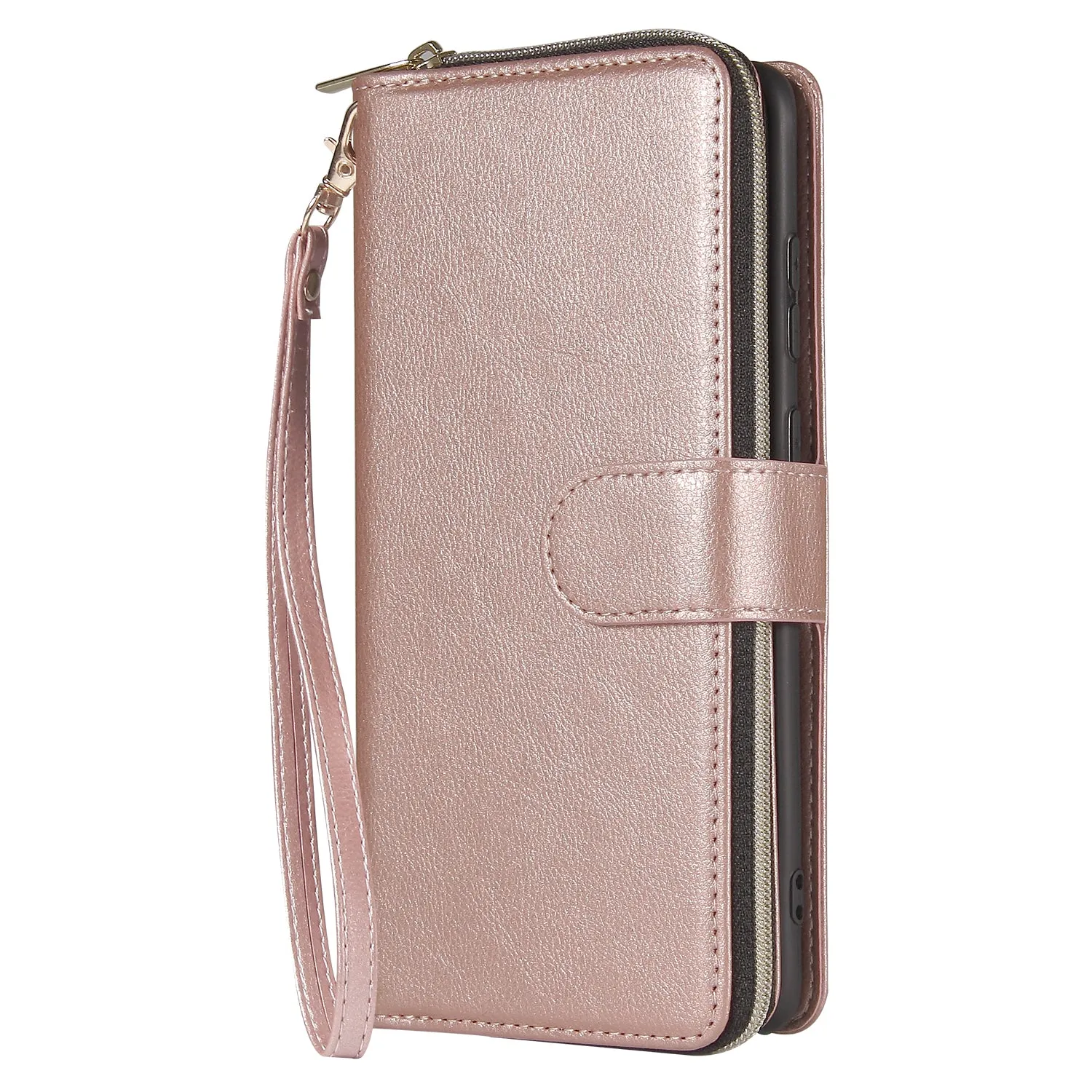 For Samsung S10/S20/S10E/ S10 Plus Pu Leather  Mobile Phone Cover Zipper Card Bag   Wrist Strap Rose gold