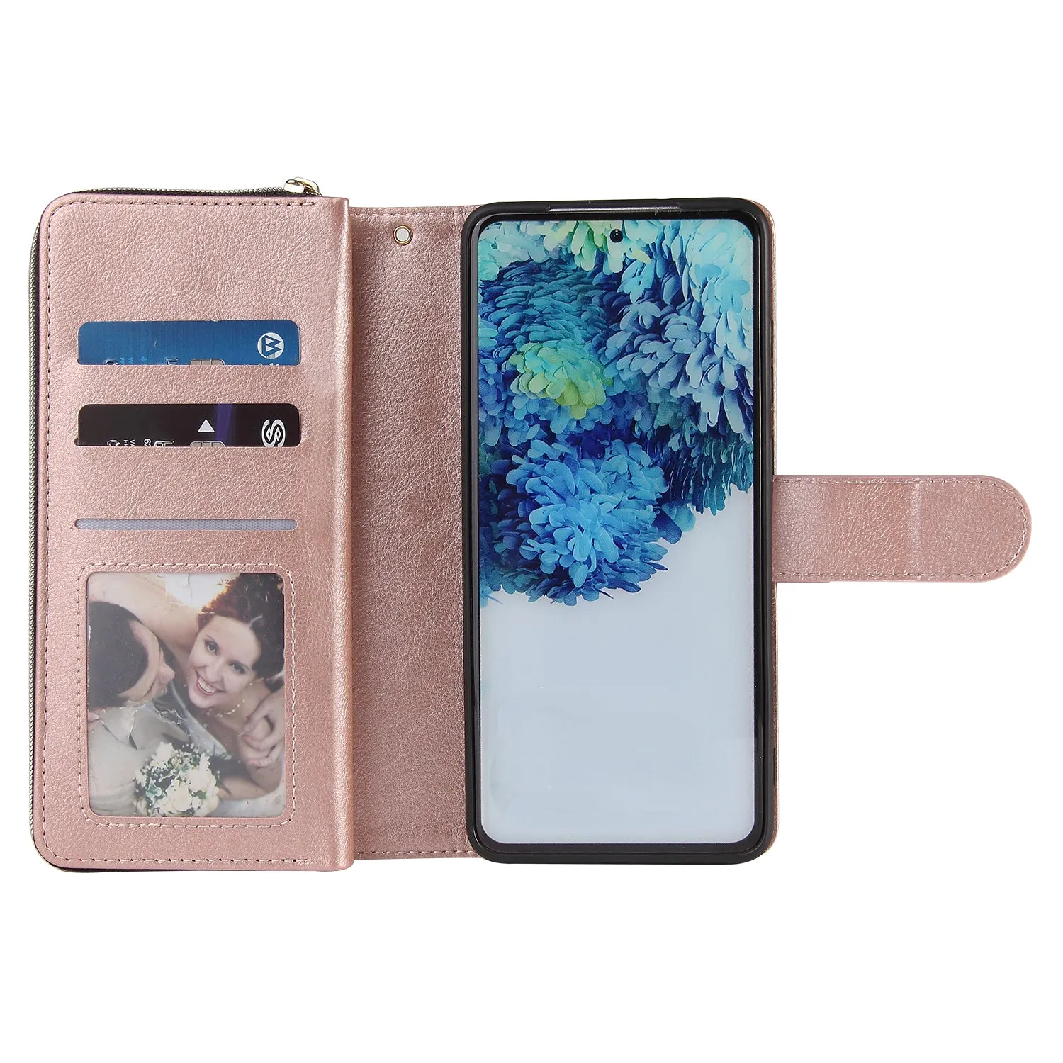 For Samsung S10/S20/S10E/ S10 Plus Pu Leather  Mobile Phone Cover Zipper Card Bag   Wrist Strap Rose gold
