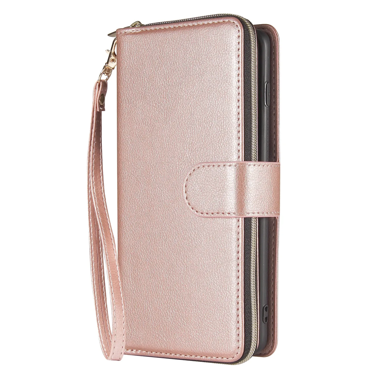 For Samsung S10/S20/S10E/ S10 Plus Pu Leather  Mobile Phone Cover Zipper Card Bag   Wrist Strap Rose gold