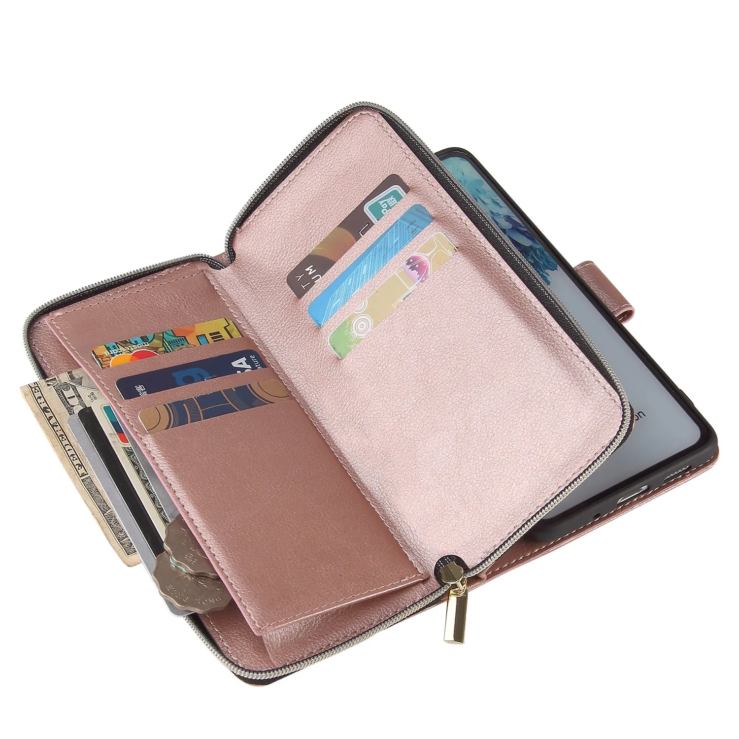 For Samsung S10/S20/S10E/ S10 Plus Pu Leather  Mobile Phone Cover Zipper Card Bag   Wrist Strap Rose gold