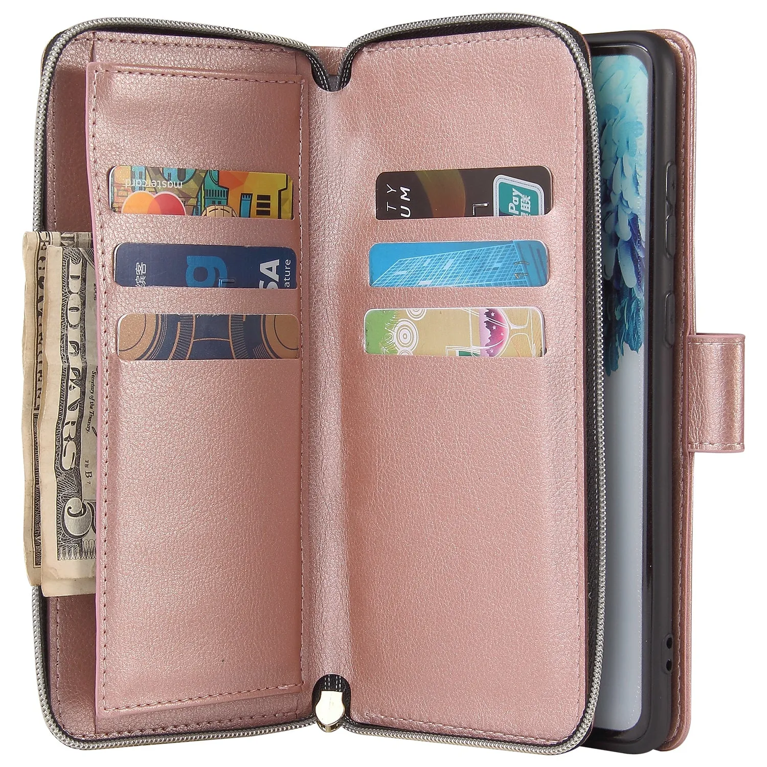 For Samsung S10/S20/S10E/ S10 Plus Pu Leather  Mobile Phone Cover Zipper Card Bag   Wrist Strap Rose gold