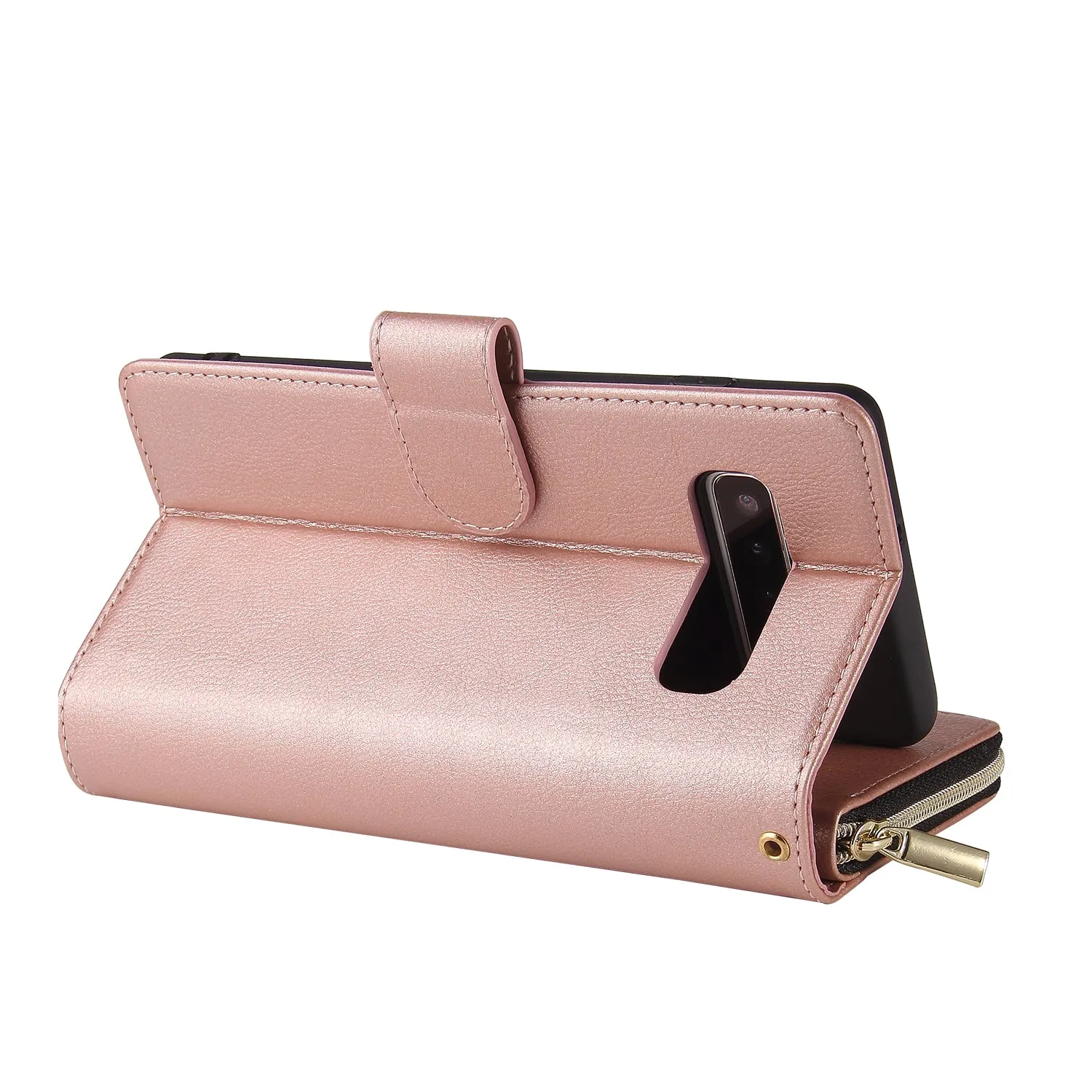 For Samsung S10/S20/S10E/ S10 Plus Pu Leather  Mobile Phone Cover Zipper Card Bag   Wrist Strap Rose gold