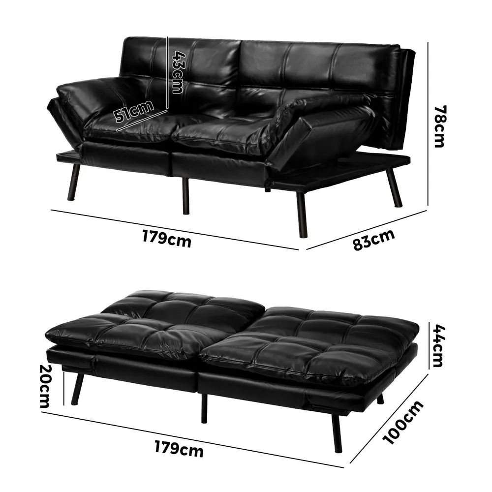 FOS Sofa Bed Convertible Leather 3-Seater Black