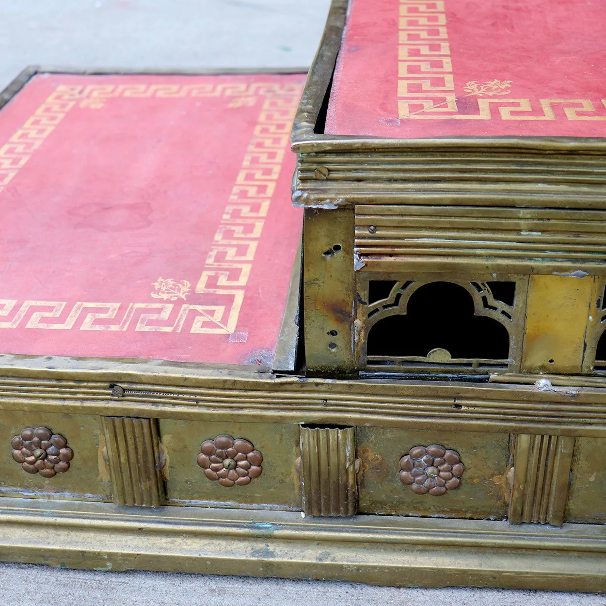 French Gothic Revival Brass and Red Leather Altar / Library Steps