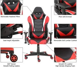 Gaming Chair Office Computer Seating Racing PU Ergonomic Chair Rolling Swivel Adjustable Massage Racer Recliner