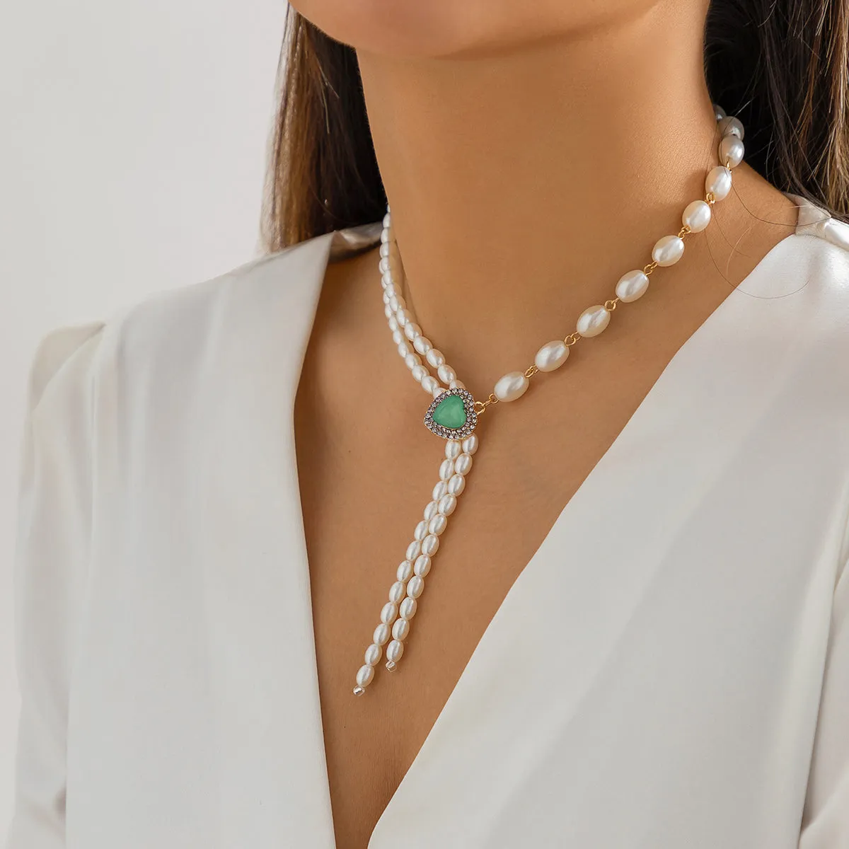 Gemstone & 18K Gold-Plated Heart Pendant Tassel Necklace