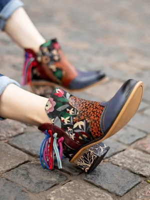 Genuine Leather Tasselled Back Floral Printed Ankle Booties Mid Heel Boots