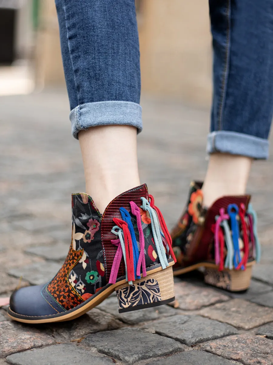 Genuine Leather Tasselled Back Floral Printed Ankle Booties Mid Heel Boots