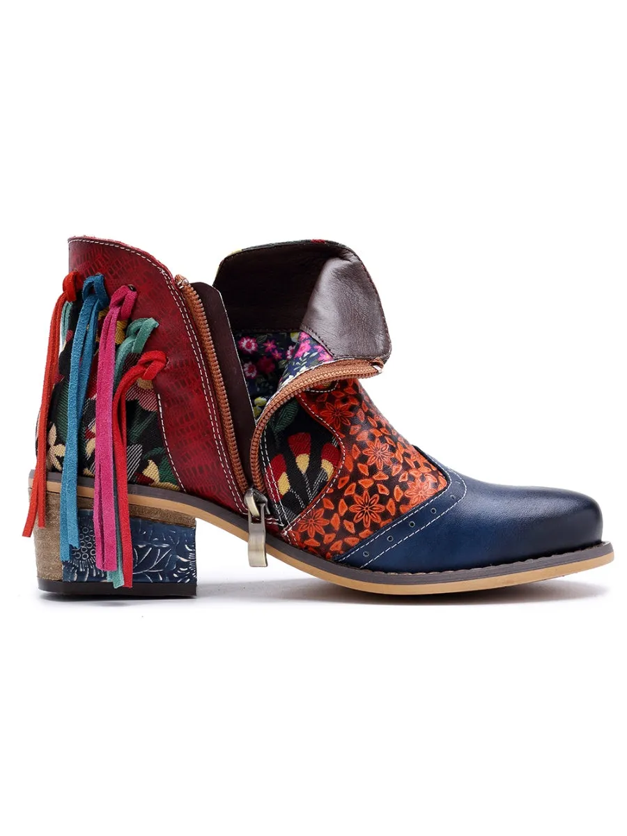 Genuine Leather Tasselled Back Floral Printed Ankle Booties Mid Heel Boots