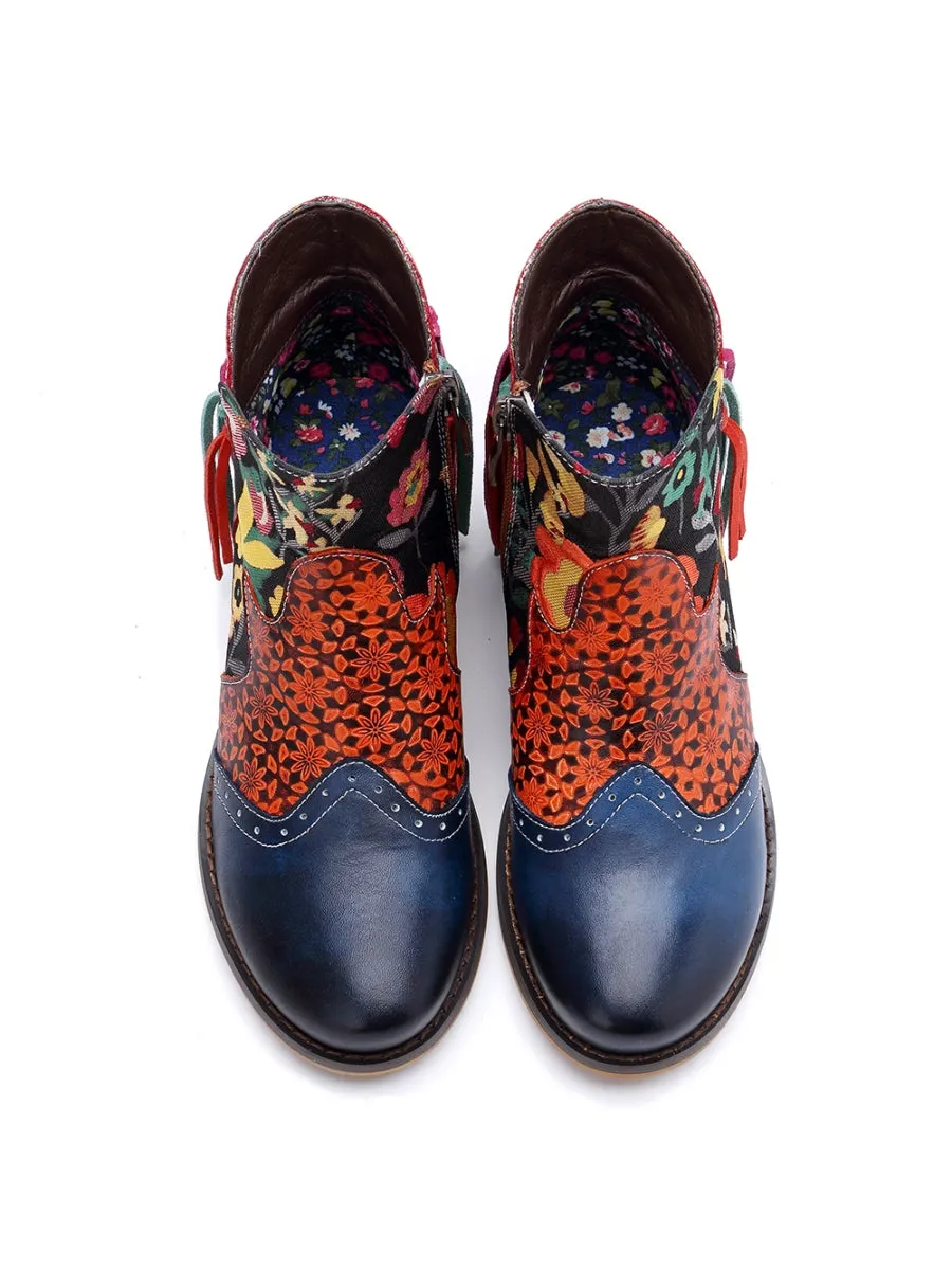 Genuine Leather Tasselled Back Floral Printed Ankle Booties Mid Heel Boots
