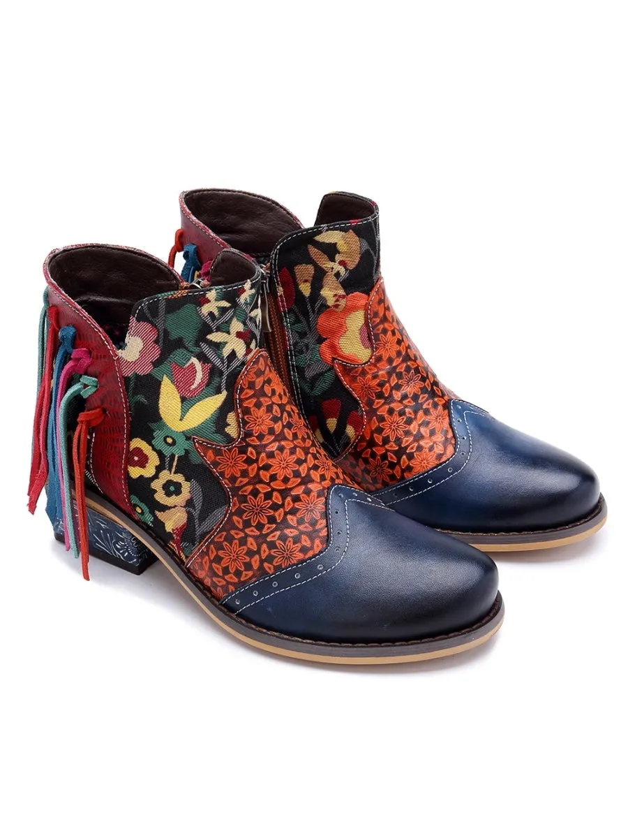 Genuine Leather Tasselled Back Floral Printed Ankle Booties Mid Heel Boots