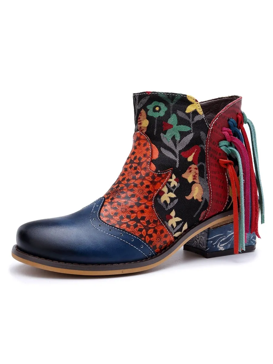 Genuine Leather Tasselled Back Floral Printed Ankle Booties Mid Heel Boots