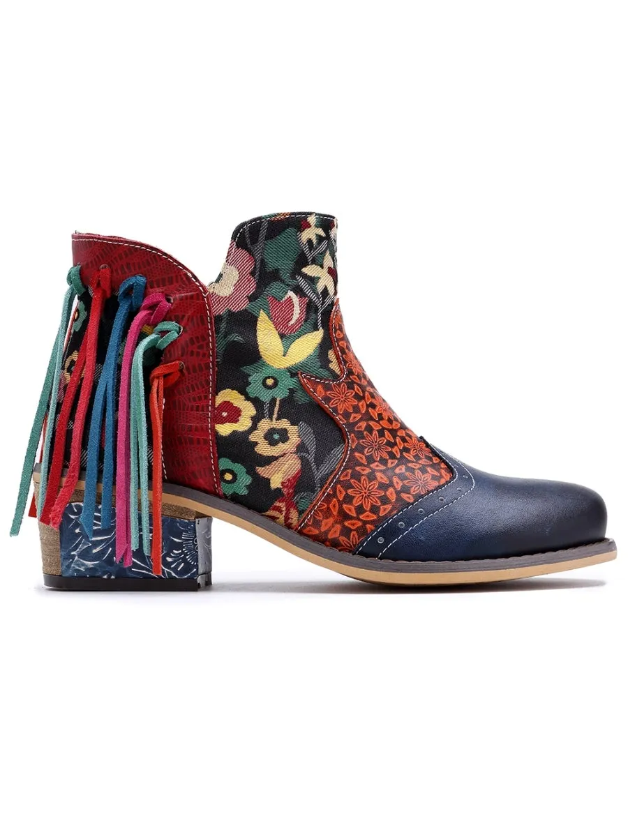 Genuine Leather Tasselled Back Floral Printed Ankle Booties Mid Heel Boots