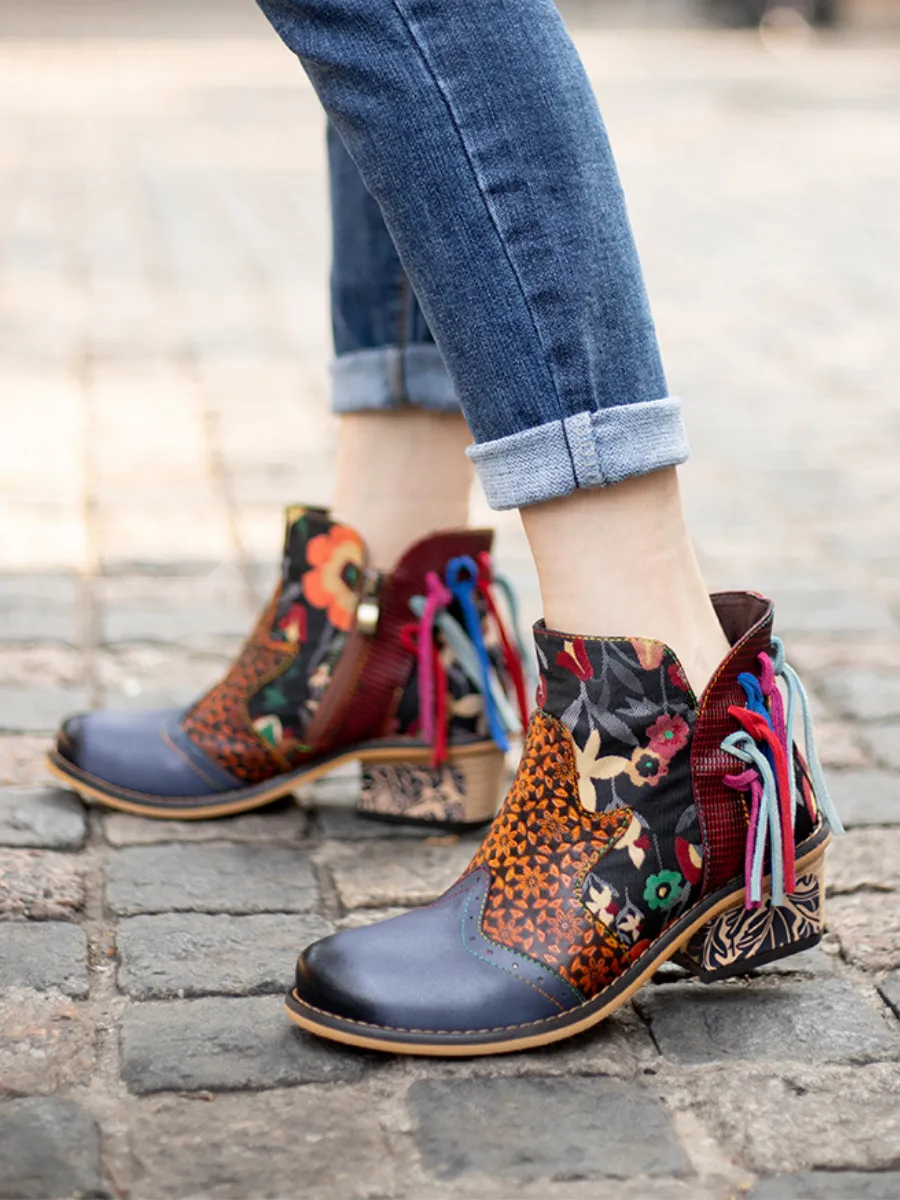 Genuine Leather Tasselled Back Floral Printed Ankle Booties Mid Heel Boots