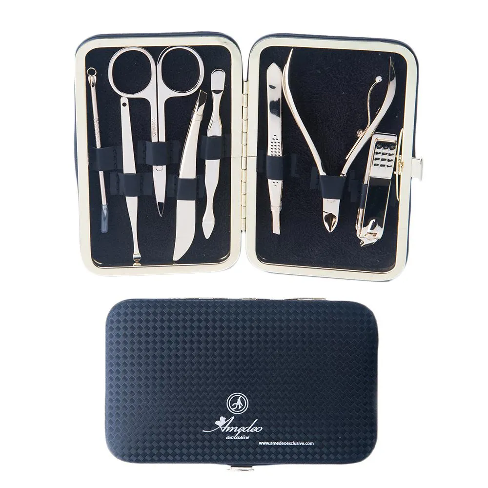 Gold Plating & Black Leather Mens Manicure Pedicure Kit - 8 piece Grooming Kit with travel Case