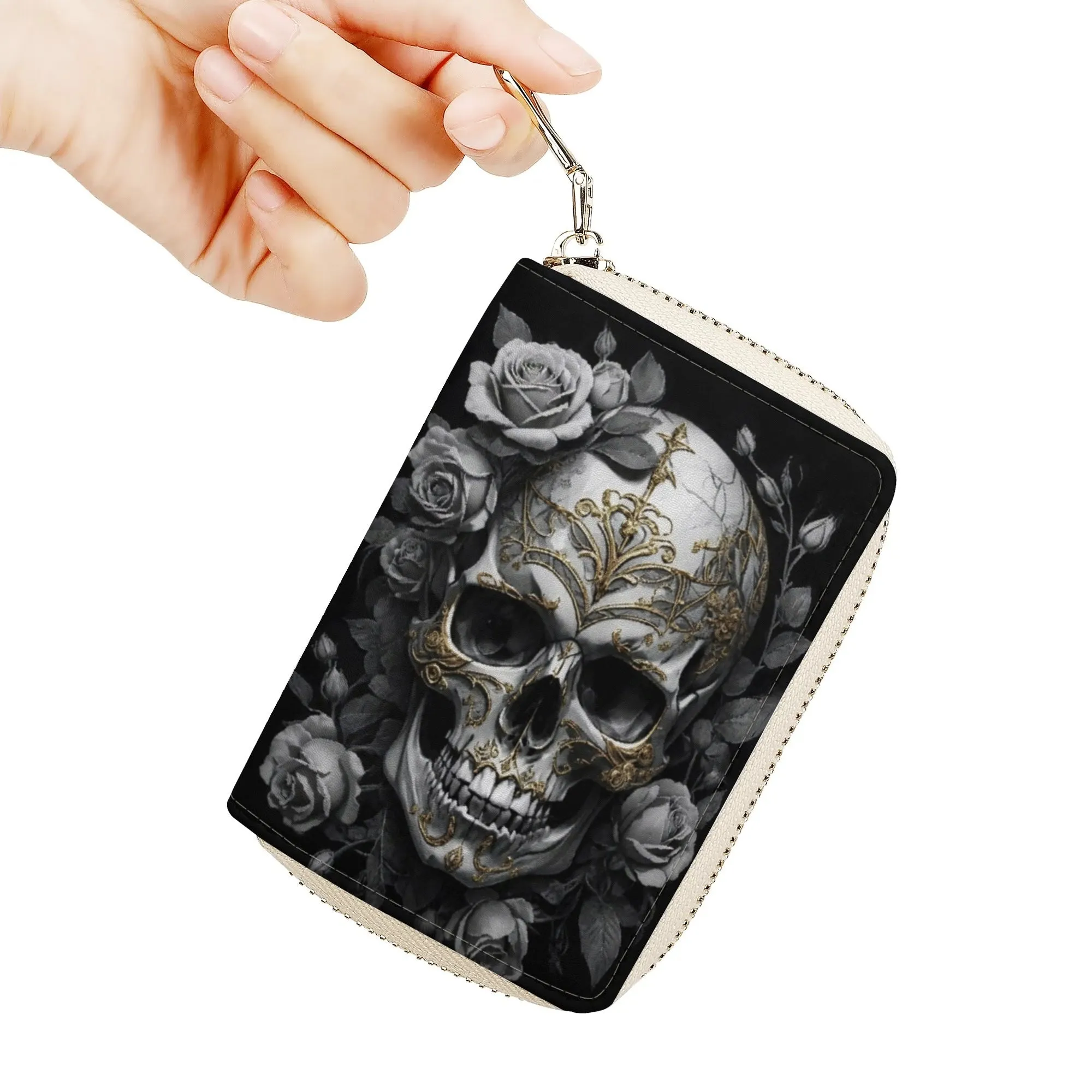 Gothic Skulls and Roses Graphic PU Leather Shoulder Bag with Chain Decoration and Matching Zip-up Cardholder Wallet