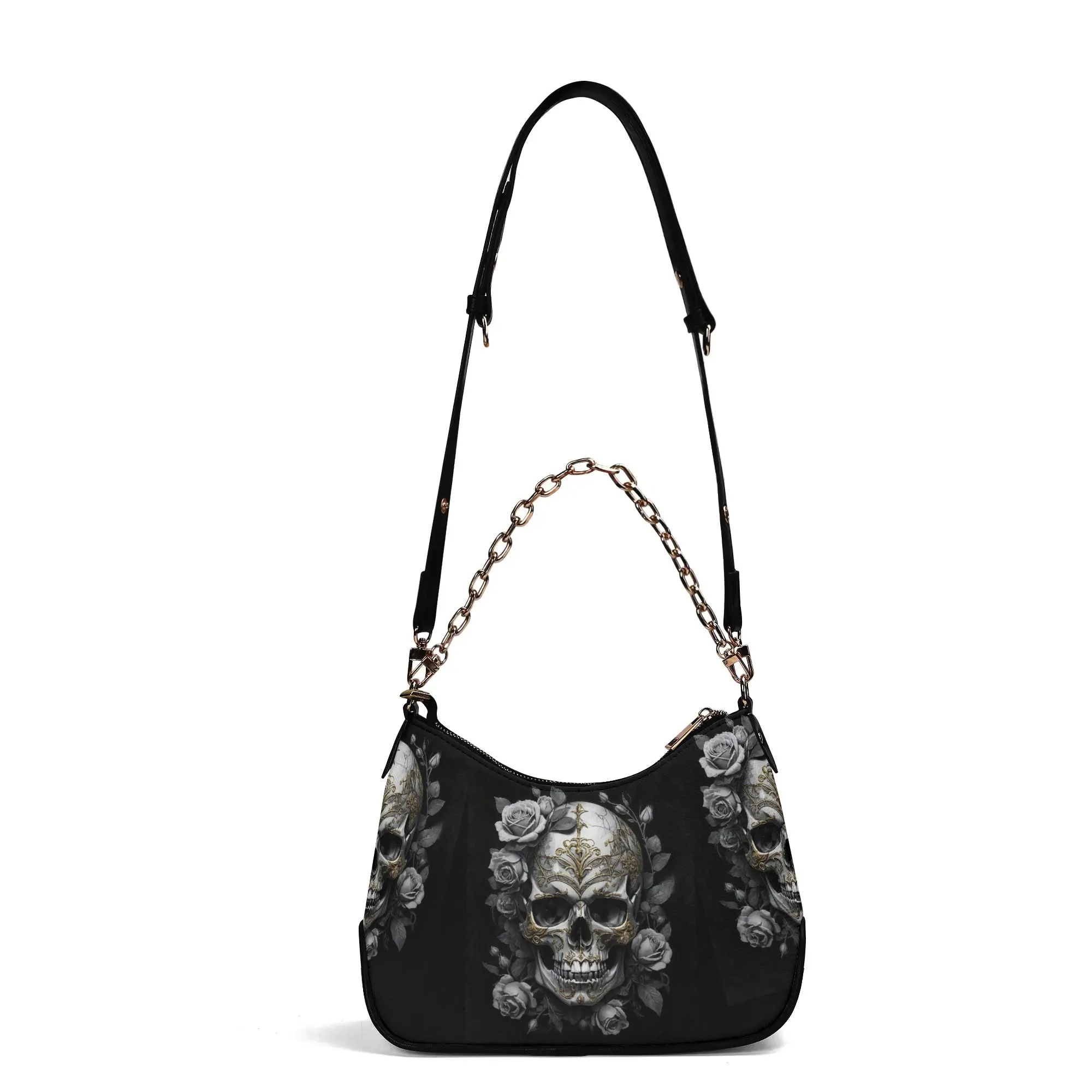 Gothic Skulls and Roses Graphic PU Leather Shoulder Bag with Chain Decoration and Matching Zip-up Cardholder Wallet