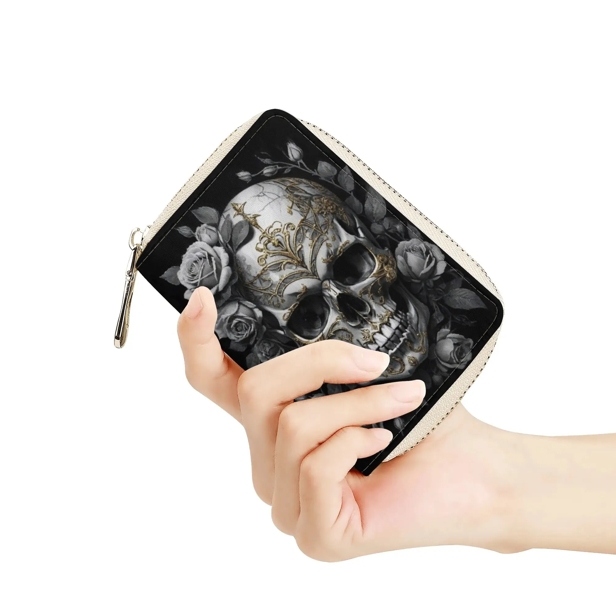 Gothic Skulls and Roses Graphic PU Leather Shoulder Bag with Chain Decoration and Matching Zip-up Cardholder Wallet