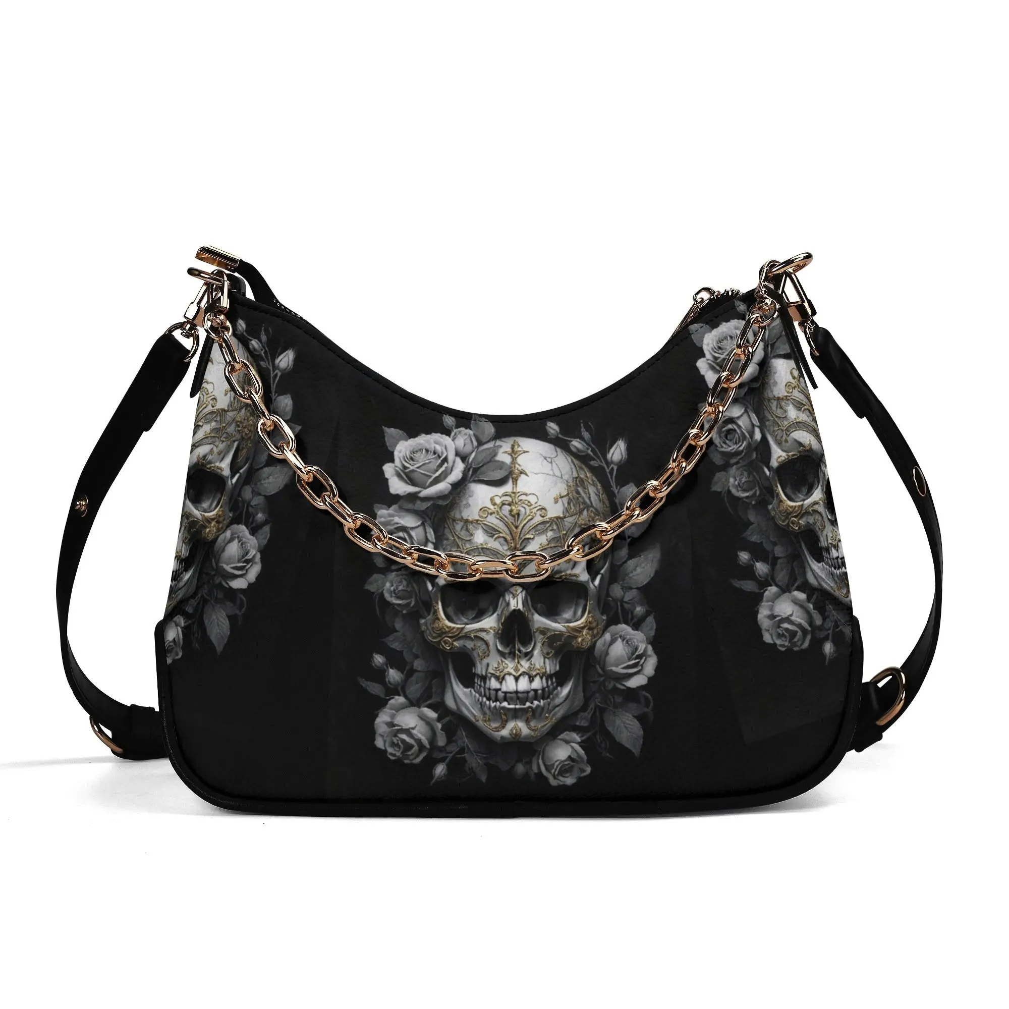 Gothic Skulls and Roses Graphic PU Leather Shoulder Bag with Chain Decoration and Matching Zip-up Cardholder Wallet