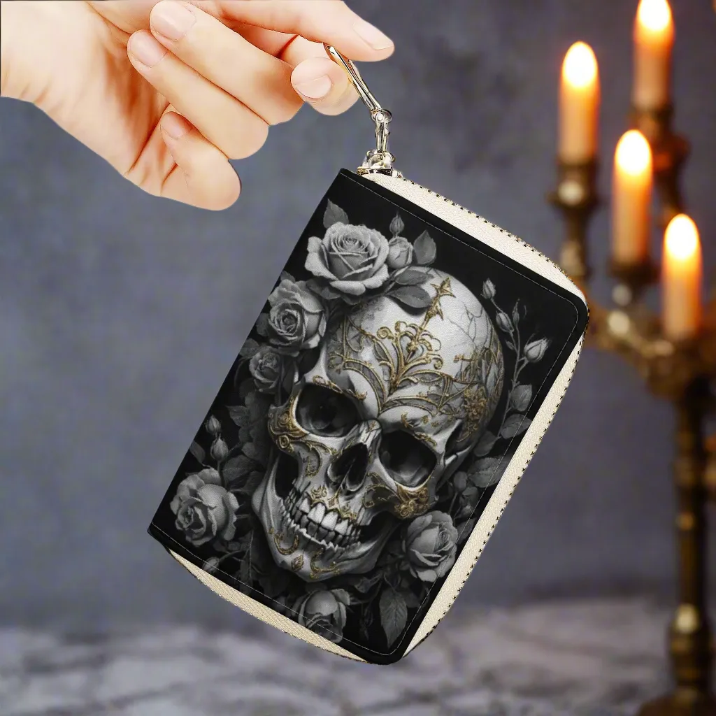 Gothic Skulls and Roses Graphic PU Leather Shoulder Bag with Chain Decoration and Matching Zip-up Cardholder Wallet
