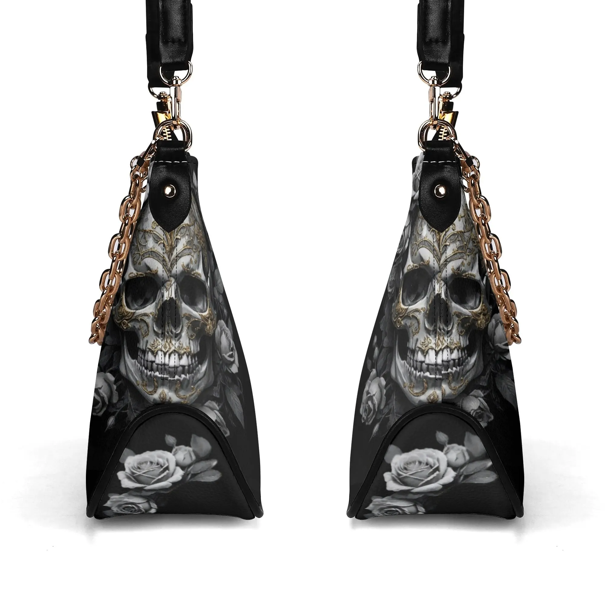 Gothic Skulls and Roses Graphic PU Leather Shoulder Bag with Chain Decoration and Matching Zip-up Cardholder Wallet