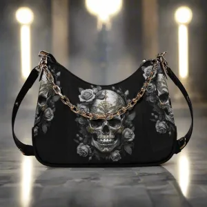 Gothic Skulls and Roses Graphic PU Leather Shoulder Bag with Chain Decoration and Matching Zip-up Cardholder Wallet