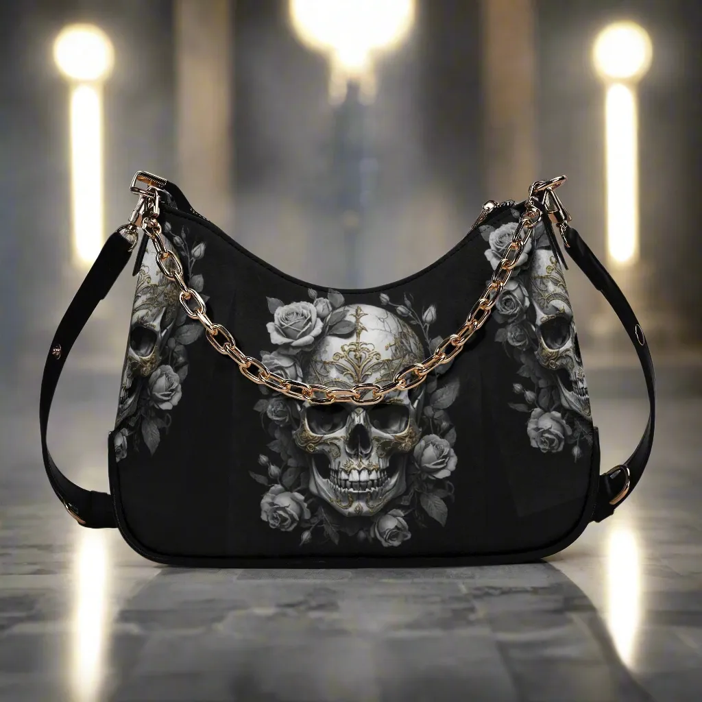 Gothic Skulls and Roses Graphic PU Leather Shoulder Bag with Chain Decoration and Matching Zip-up Cardholder Wallet