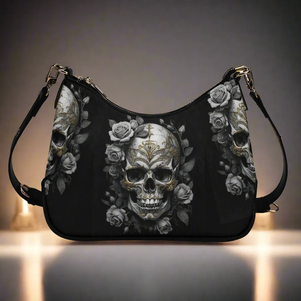 Gothic Skulls and Roses Graphic PU Leather Shoulder Bag with Chain Decoration and Matching Zip-up Cardholder Wallet