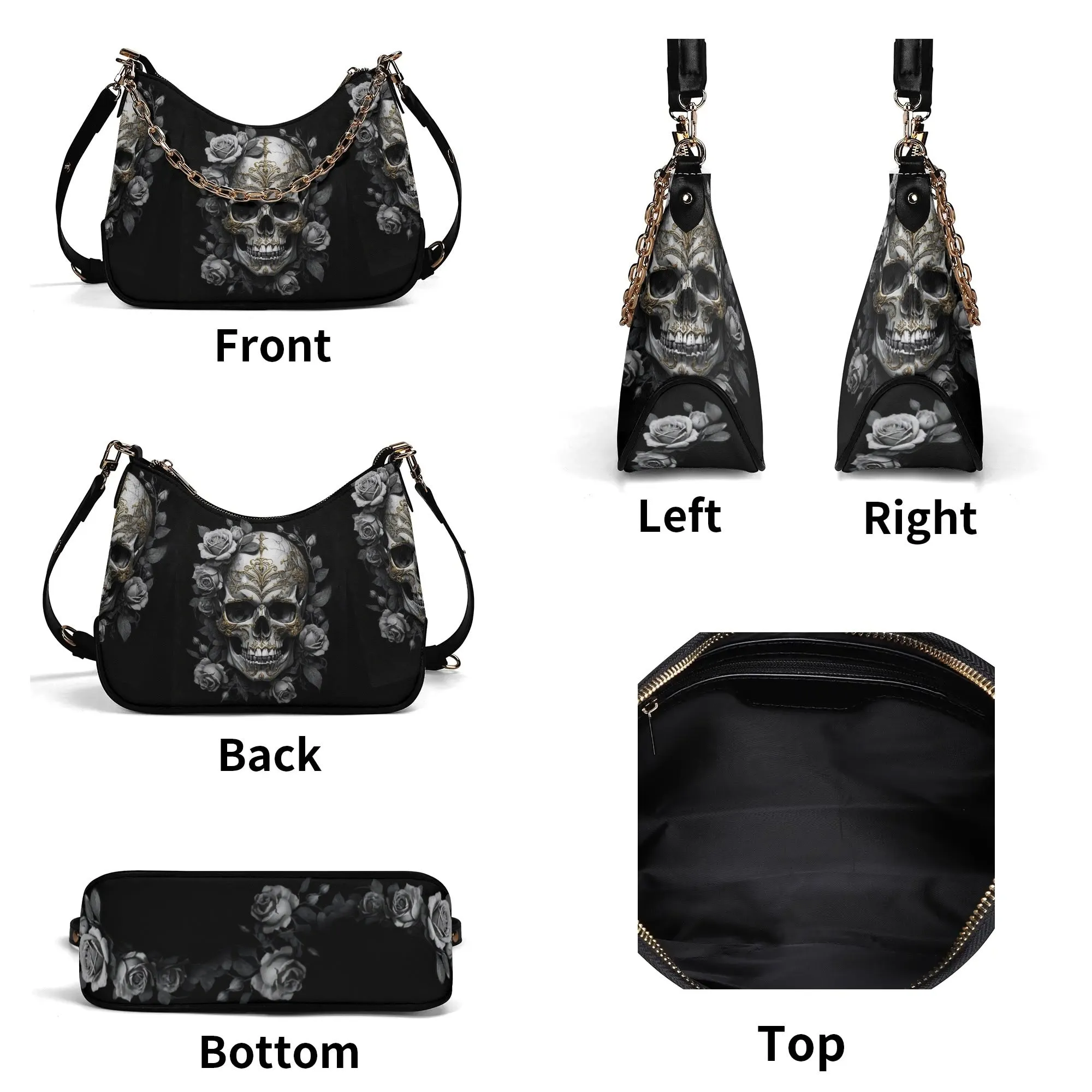 Gothic Skulls and Roses Graphic PU Leather Shoulder Bag with Chain Decoration and Matching Zip-up Cardholder Wallet